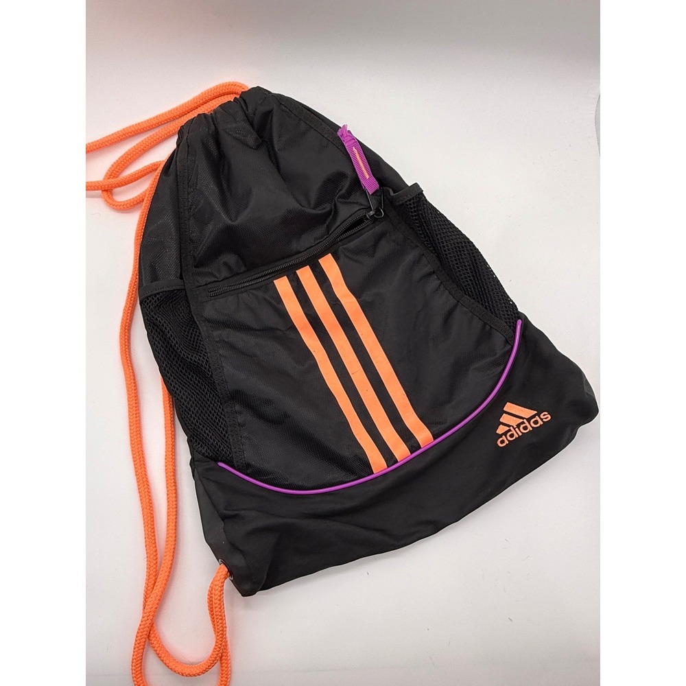 Adidas Drawstring Backpack Unisex Black Pink w/Orange Stripes Sackpack Pockets